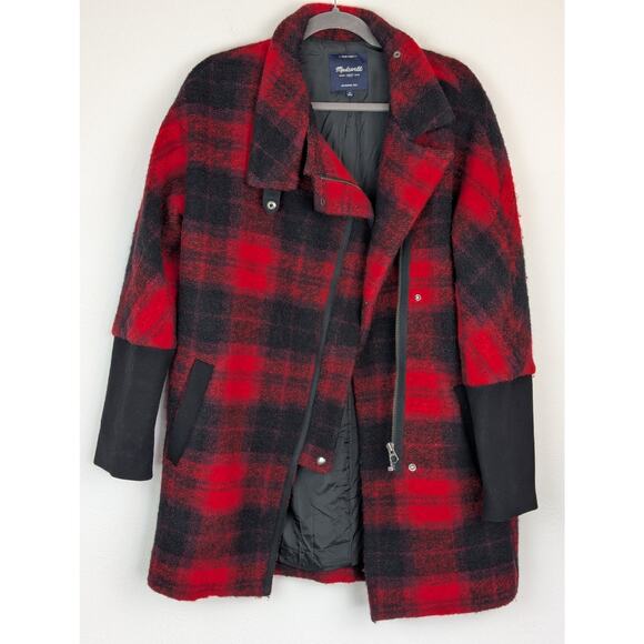 Madewell City Grid Coat Jacket Plaid Wool Oversized Fall Winter Red Black Size 4 - Picture 3 of 14